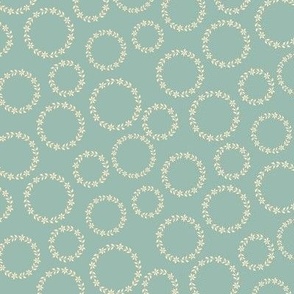 295 - Small scale Pale aqua blue and cream floral circle wreath for home decor, wallpaper and kids apparel - classic victorian or regency style, blender print for quilting and patchwork