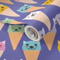 Ice cream waffle cone Kawaii funny cat muzzle with pink cheeks and winking eyes blue green lilac orange pastel colors on very peri background. 
