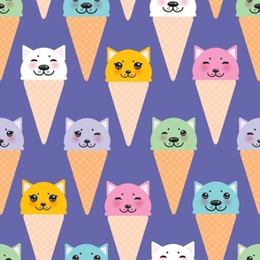 Ice cream waffle cone Kawaii funny cat muzzle with pink cheeks and winking eyes blue green lilac orange pastel colors on very peri background. 