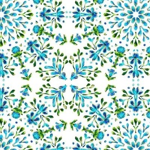 Folk Art Posy Kaleidoscope Turquoise and Green on White Dense