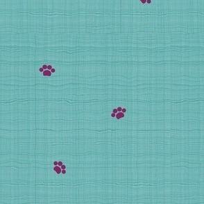 Tiny Purple Paws on an Aqua Blue Linen Background