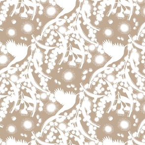 Wattle, Blossom Sparkle! (Allover) - white silhouettes on greige beige, medium 
