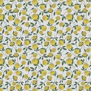 Floral, yellow roses, green, light gray tossed pattern