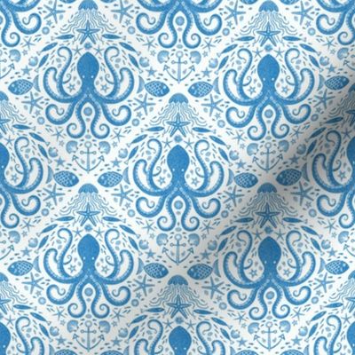 Underwater Adventure Octopus block print small scale blue marine by Pippa Shaw