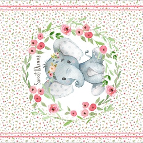 54” x 36” MINKY Sweet Dreams Elephant Blanket Panel, Girls Floral Animal Bedding, FABRIC REQUIRED IS 54” or WIDER