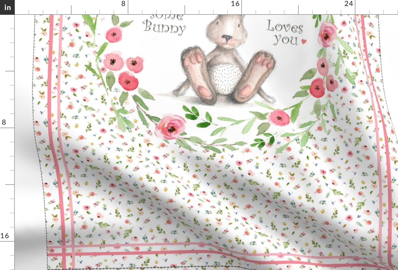 54” x 36” MINKY Some Bunny Loves You Blanket Panel, Girls Floral Animal Bedding, FABRIC MUST be 54” or WIDER, Two 24” x 36” panels per yard