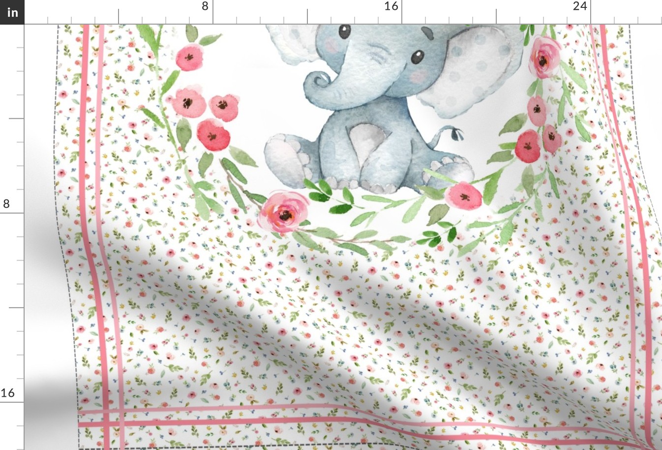 54” x 36” MINKY Sweet Dreams Elephant Blanket Panel, Girls Floral Animal Bedding, FABRIC REQUIRED IS 54” or WIDER, Two 24” x 36” panels per yard