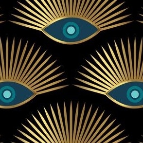 Art Deco Evil Eye - Metallic Gold + Teal Blue on Black