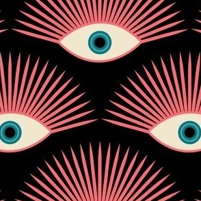 Art Deco Evil Eye - Coral + Teal on Black