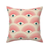 Art Deco Evil Eye - Coral + Teal on Natural