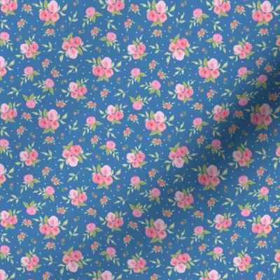 Ditsy Watercolor Rose Floral Pink Peach Flowers on Blue 