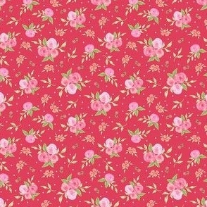 Ditsy Watercolor Floral Pink Peach Flowers on Dark Pink