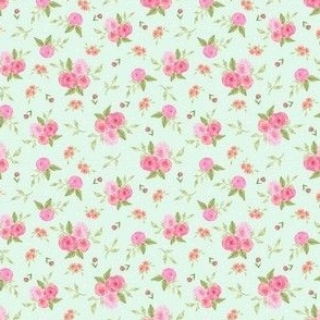 Ditsy Watercolor Rose Floral Pink Peach Flowers on Mint Green