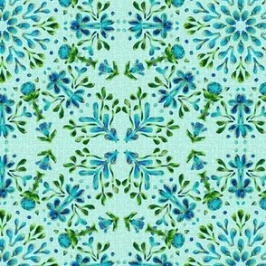 Folk Art Posy Kaleidoscope Turquoise and Green on Turquoise Dense 