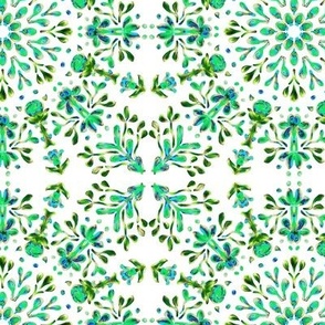 Folk Art Posy Kaleidoscope Green and Turquoise on White Dense