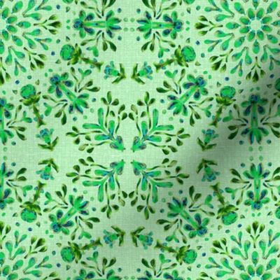 Folk Art Posy Kaleidoscope Green and Turquoise on Green Dense