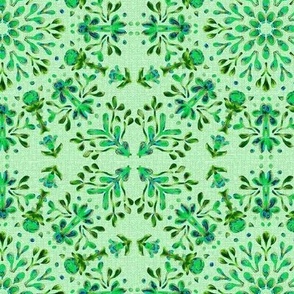 Folk Art Posy Kaleidoscope Green and Turquoise on Green Dense