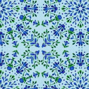 Folk Art Posy Kaleidoscope Blue and Green on Blue Dense