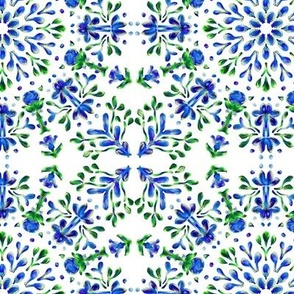 Folk Art Posy Kaleidoscope Blue and Green on White Dense