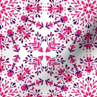 Folk Art Posy Kaleidoscope Pink and Purple on White Dense