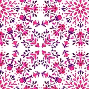 Folk Art Posy Kaleidoscope Pink and Purple on White Dense