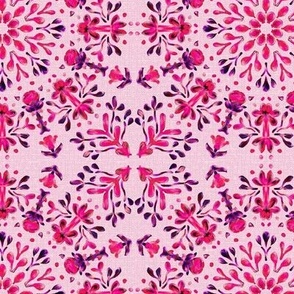 Folk Art Posy Kaleidoscope Pink and Purple on Pink Dense