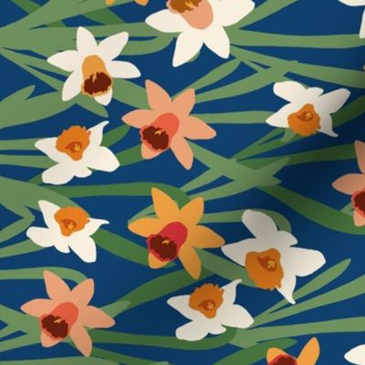 Orange Daffodil Border on Dark Blue