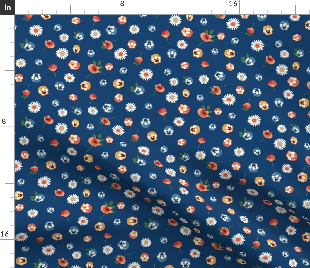 Small Vintage Style Floral, Dark Blue