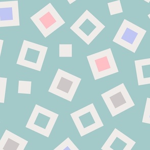 Tinkle Squares Abstract Geometric in Pastel Cottage Colours on Light Teal - LARGE Scale - UnBlink Studio by Jackie Tahara