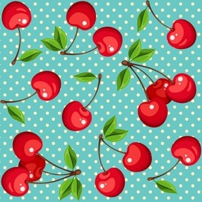 Rockabilly Cherries and White Polka Dots on Blue