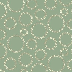 294 $ - Small scale Pale Green, cream and taupe floral circle wreath for home decor, wallpaper and kids apparel - classic victorian or regency style, blender print for quilting and patchwork