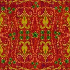 Heritage Rich reds and gold damask on faux linen small 6” repeat