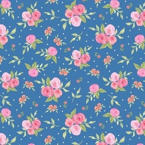 Watercolor Rose Floral Pink Peach Flowers on Blue 6in 