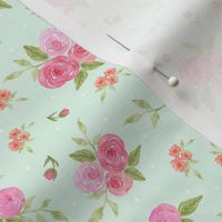 Watercolor Rose Floral Pink Peach Flowers on Mint Green 6in 