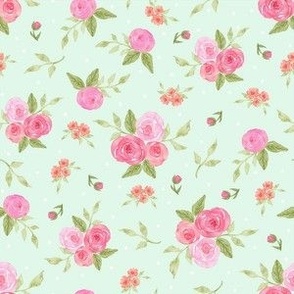 Watercolor Rose Floral Pink Peach Flowers on Mint Green 6in 