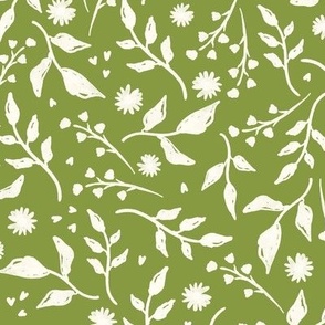 Floral Vines Leaves White on Green 12in