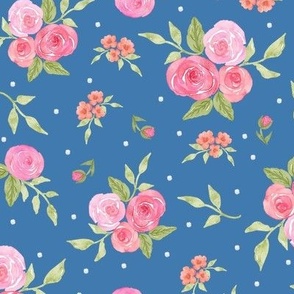 Watercolor Rose Floral Pink Peach Flowers on Blue 12in 