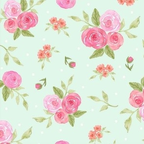 Watercolor Rose Floral Pink Peach Flowers on Mint Green  12in 