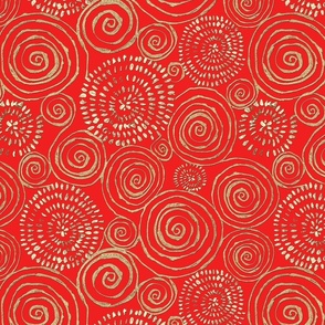 Abstract golden glittering red spirals pattern