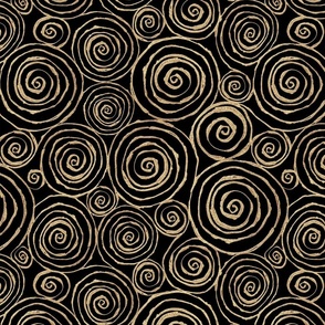 Abstract golden glittering black spirals pattern