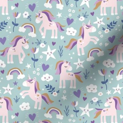 Sweet kawaii unicorns and rainbows stars hearts and flowers kids design vintage palette girls lilac caramel pink blue on moody sky