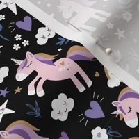 Sweet kawaii unicorns and rainbows stars hearts and flowers kids design vintage palette girls lilac pink on black 