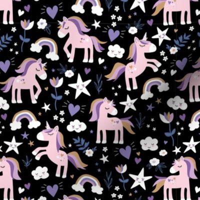 Sweet kawaii unicorns and rainbows stars hearts and flowers kids design vintage palette girls lilac pink on black 