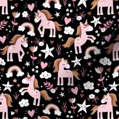 Sweet kawaii unicorns and rainbows stars hearts and flowers kids design vintage palette girls pink caramel rust copper on black 