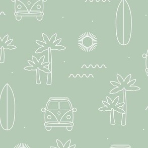 Palm tree island and surf waves ocean paradise and hippie van water white mint green
