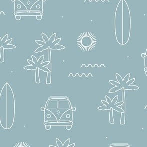 Palm tree island and surf waves ocean paradise and hippie van water white on cool blue