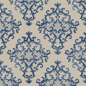 Baroque style damask ornamental beige and blue colored pattern