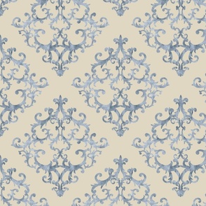 Baroque style damask ornamental beige and blue watercolor colored pattern