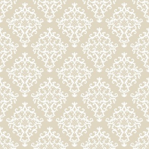 Baroque style damask ornamental beige and white colored pattern