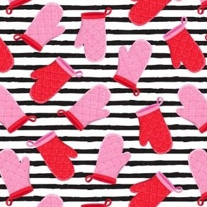Oven Mitts - red and pink on black stripes - LAD22